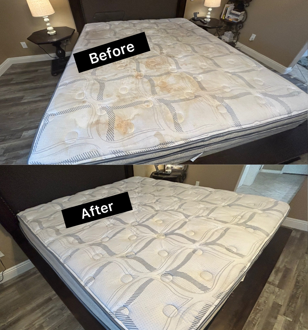 Actual AAA Carpet Cleaning mattress cleaning before and after results showing stain removal.