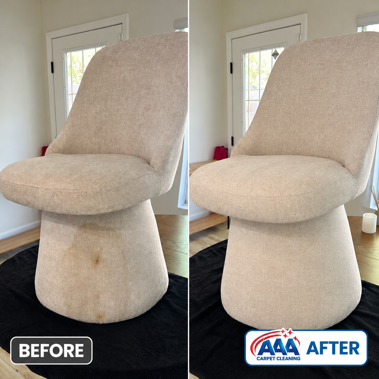 Real AAA Carpet Cleaning upholstery before and after: stained chair before cleaning and the same chair after cleaning