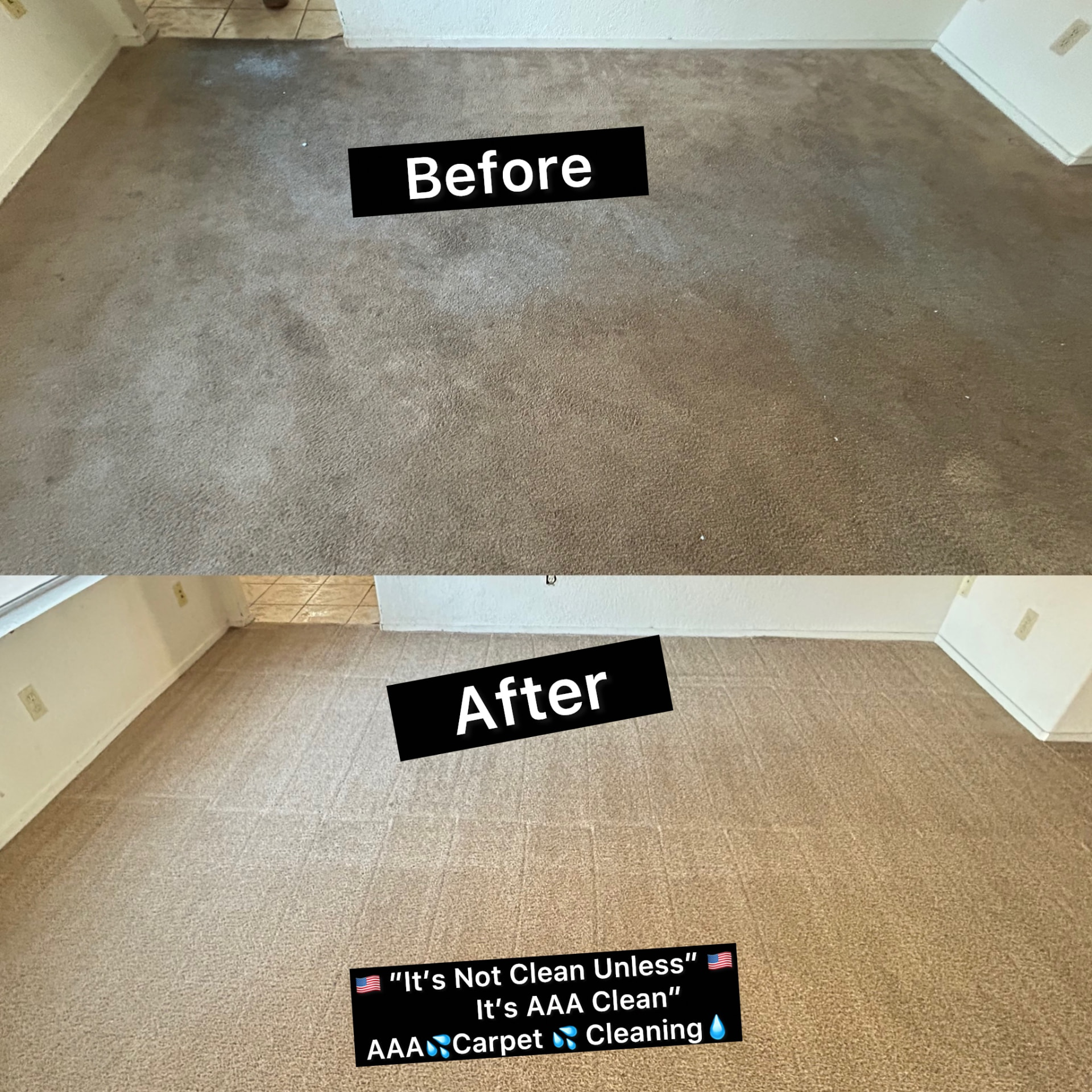 Real before and after photo of an AAA Carpet Cleaning job: heavily soiled carpet restored to a clean, fresh finish